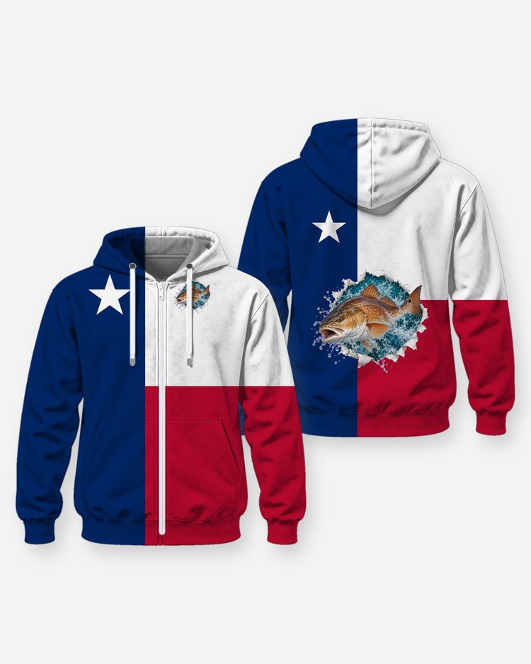 Custom Name Texas Flag Redfish Fishing Shirt - Zip Hoodie