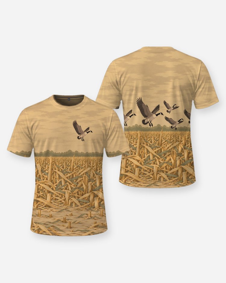 Custom Name Cornfield Camo Canada Goose Hunting Shirt - front and back