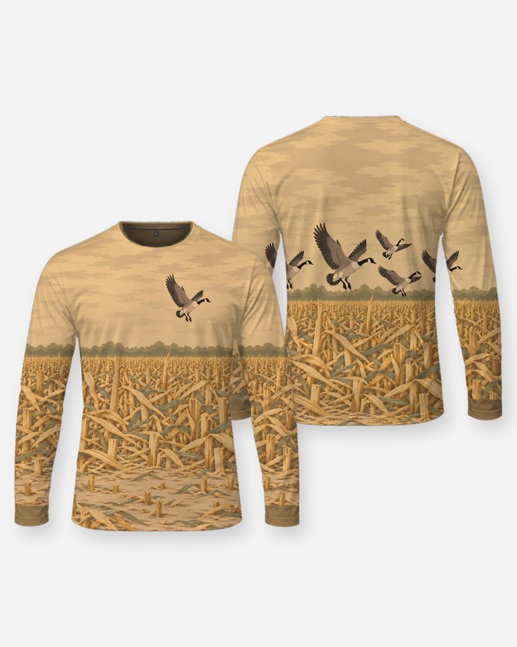 Custom Name Cornfield Camo Canada Goose Hunting Shirt - Long Sleeve