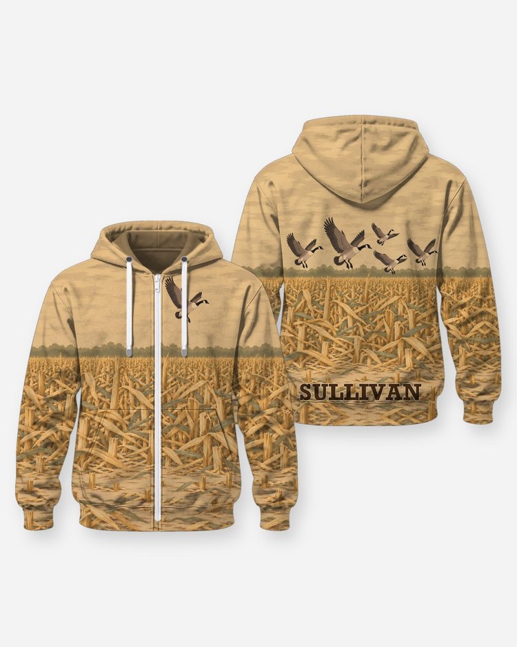 Custom Name Cornfield Camo Canada Goose Hunting Shirt - Zip Hoodie
