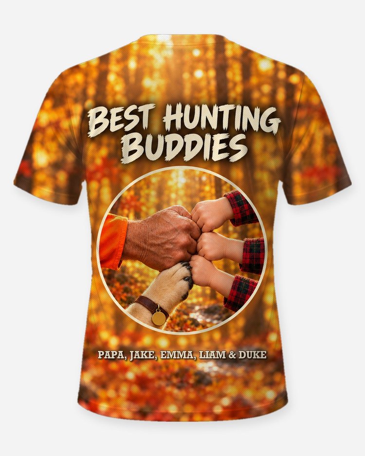 Best Hunting Buddies Fist Bump Custom Kids And Dog Names Shirt - back