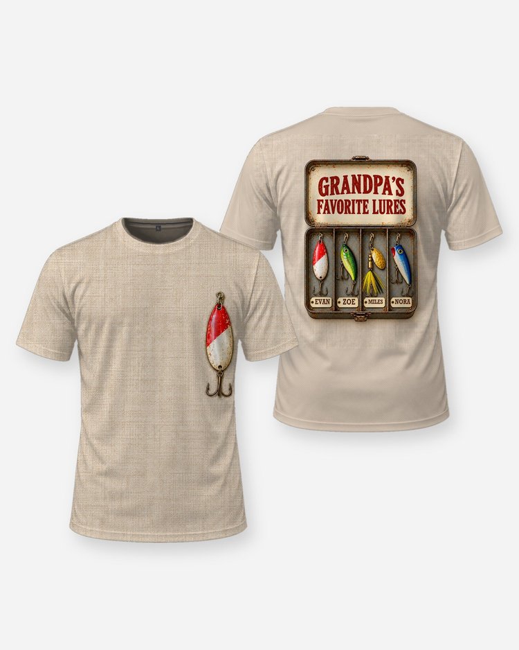 Grandpa's Favorite Lures Tackle Box Custom Grandkids Names Shirt - front and back