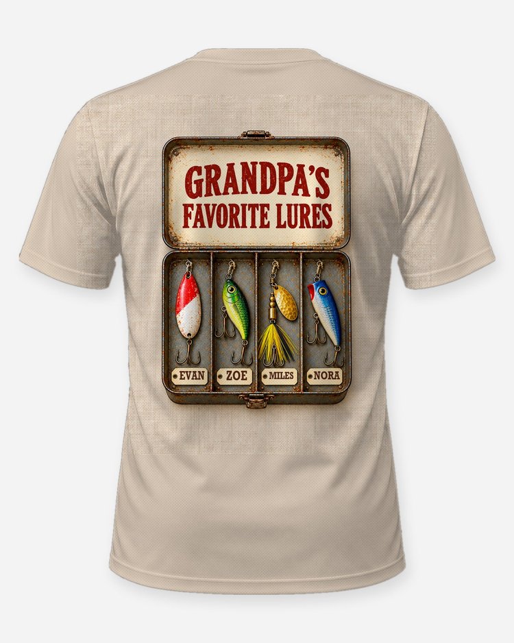 Grandpa's Favorite Lures Tackle Box Custom Grandkids Names Shirt - back