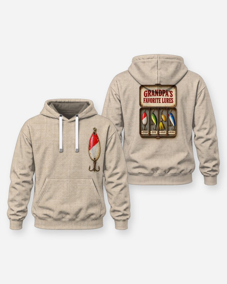 Grandpa's Favorite Lures Tackle Box Custom Grandkids Names Shirt - Hoodie