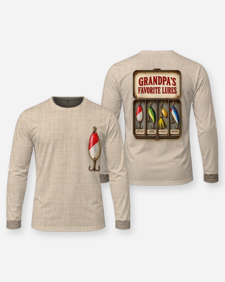 Grandpa's Favorite Lures Tackle Box Custom Grandkids Names Shirt - Long Sleeve