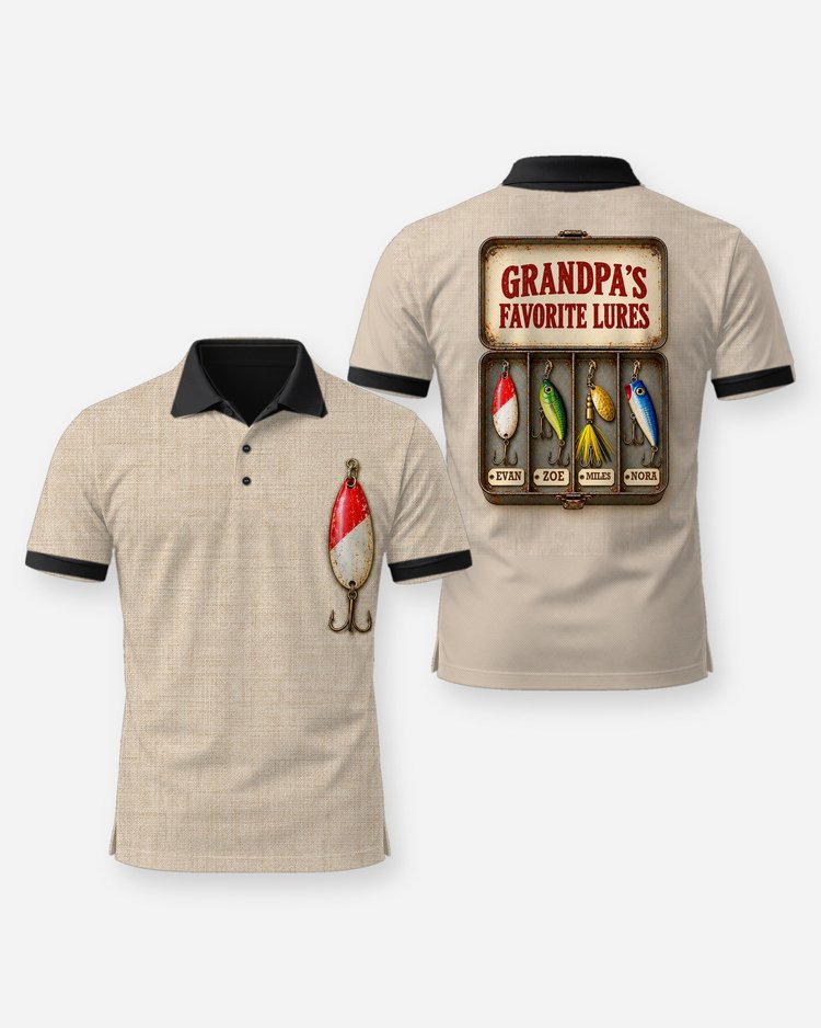 Grandpa's Favorite Lures Tackle Box Custom Grandkids Names Shirt - Polo