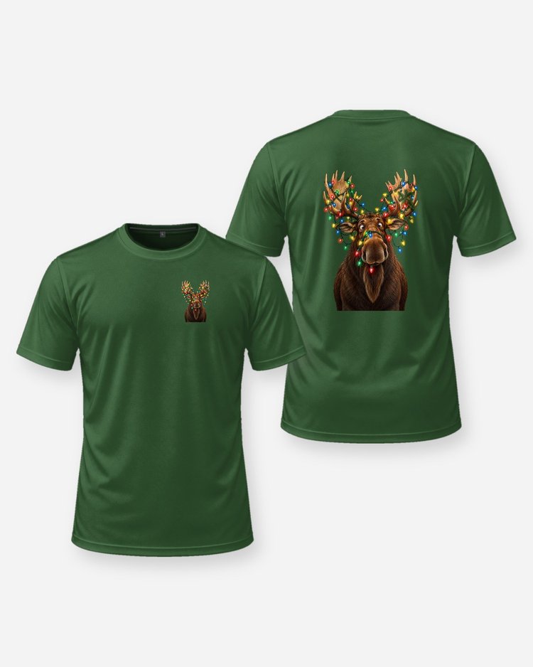 Moose Tangled In Christmas Lights Funny Hunting T-Shirt - front and back