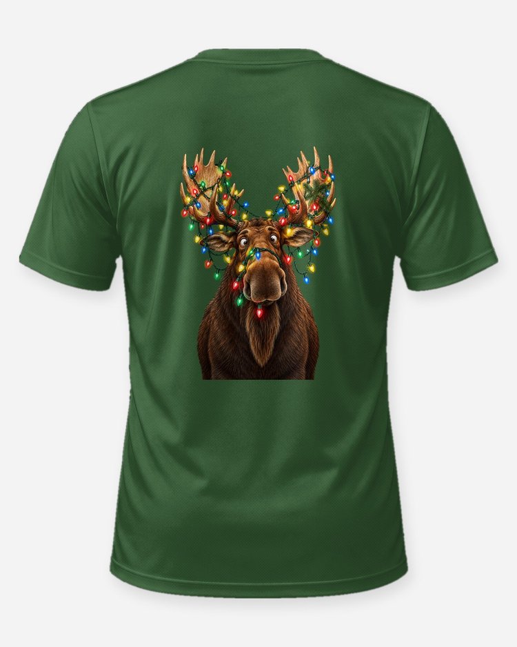 Moose Tangled In Christmas Lights Funny Hunting T-Shirt - back
