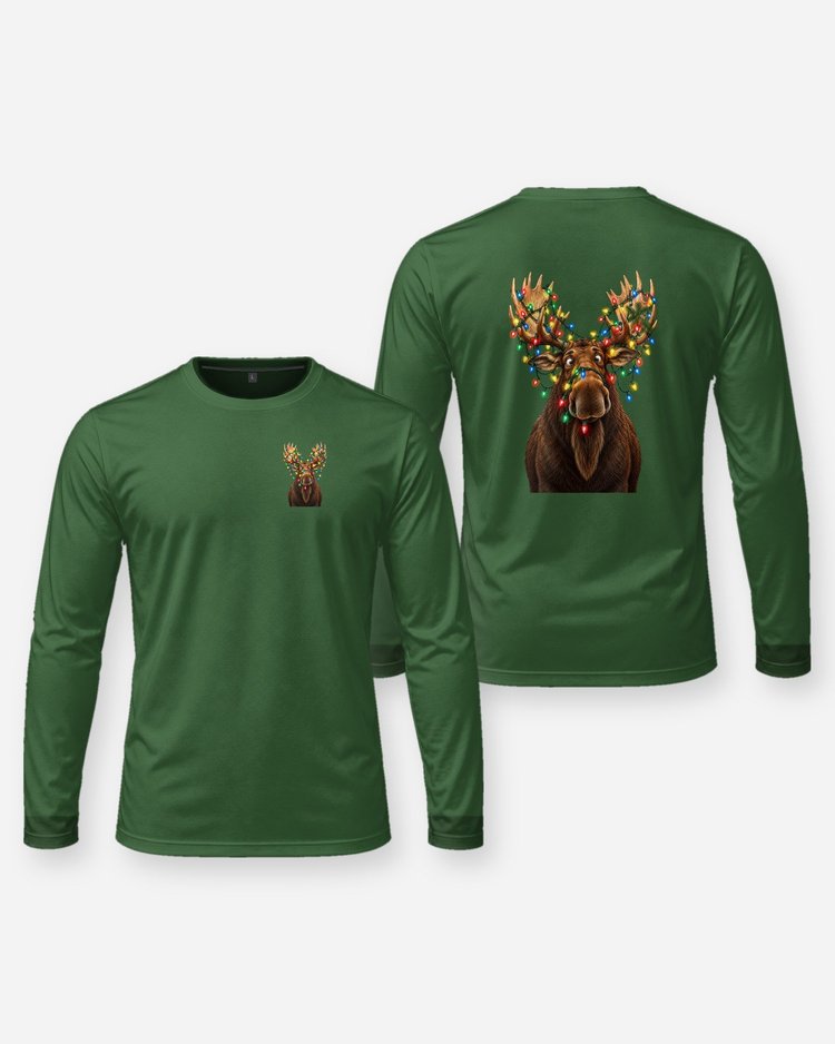 Moose Tangled In Christmas Lights Funny Hunting T-Shirt - Long Sleeve