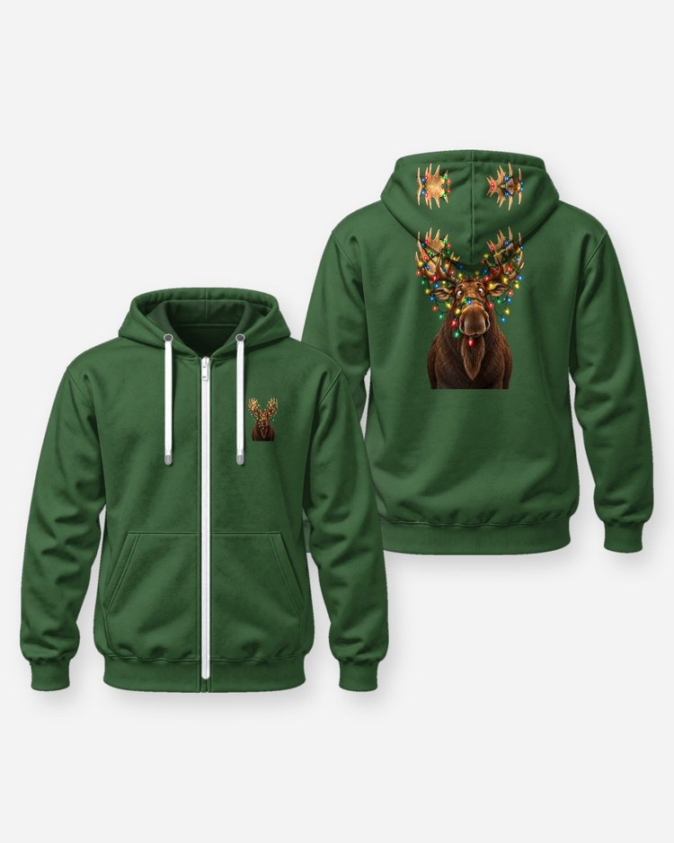 Moose Tangled In Christmas Lights Funny Hunting T-Shirt - Zip Hoodie