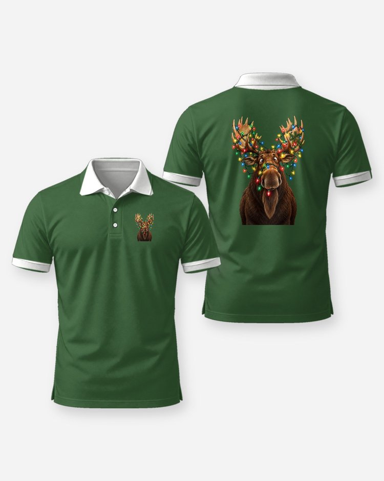 Moose Tangled In Christmas Lights Funny Hunting T-Shirt - Polo