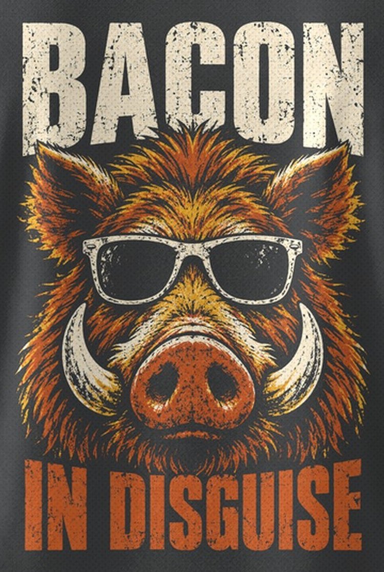 Bacon In Disguise Wild Hog Sunglasses Funny Hunting T-Shirt - print close-up