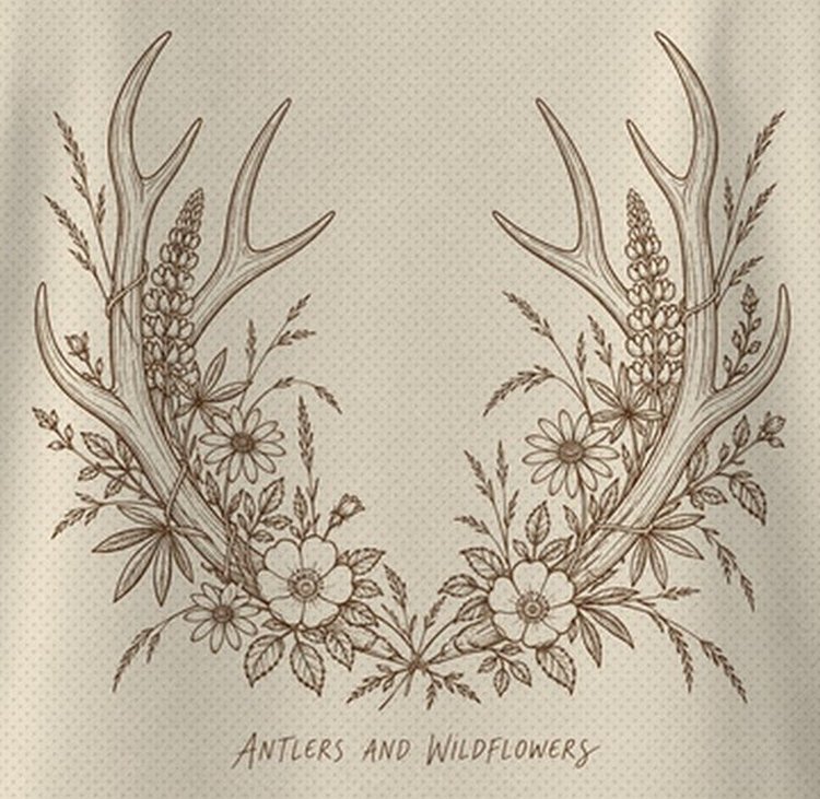 Antlers And Wildflowers Mule Deer Antler Floral T-Shirt - print close-up
