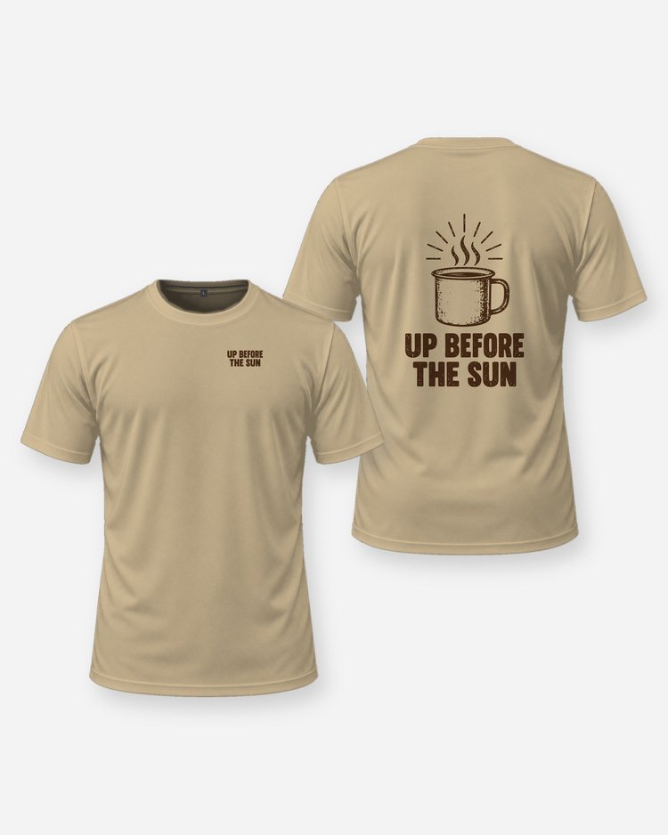 Up Before The Sun Camp Coffee Hunting T-Shirt - front and back