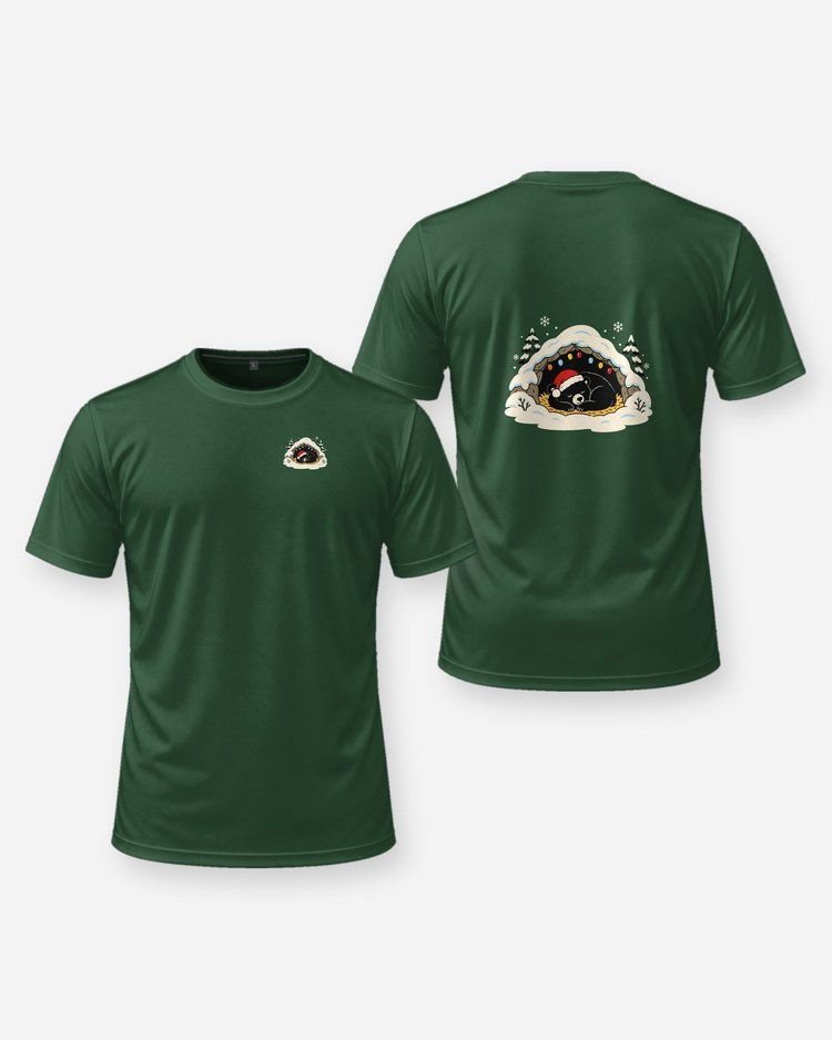 Hibernating Black Bear Santa Hat Christmas Lights T-Shirt - front and back