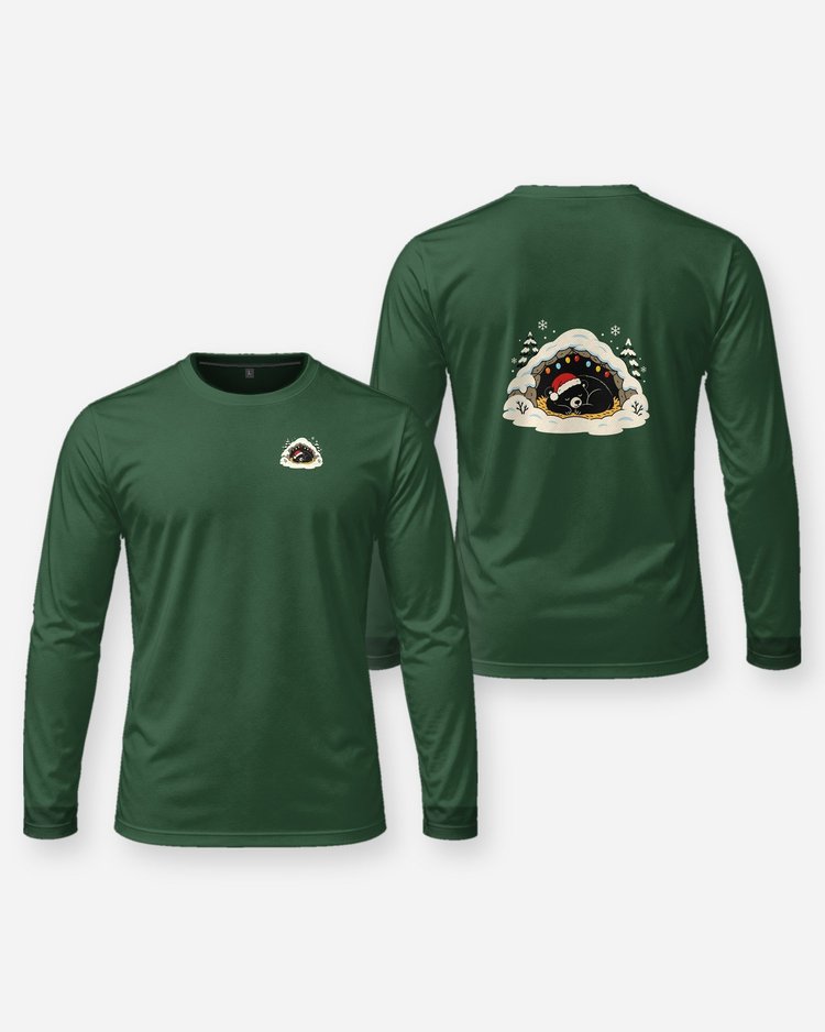 Hibernating Black Bear Santa Hat Christmas Lights T-Shirt - Long Sleeve