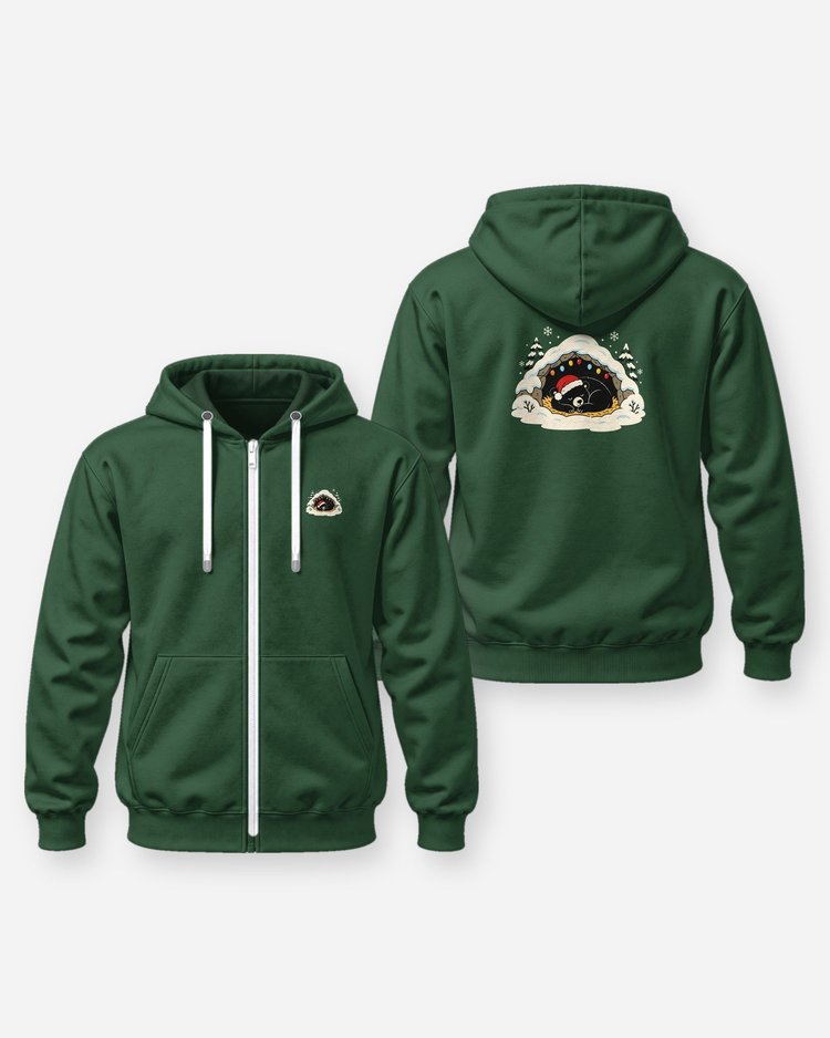 Hibernating Black Bear Santa Hat Christmas Lights T-Shirt - Zip Hoodie