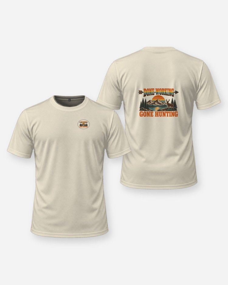 Done Working Gone Hunting Retro Retirement Bowhunter T-Shirt - front and back