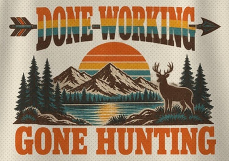 Done Working Gone Hunting Retro Retirement Bowhunter T-Shirt - print close-up