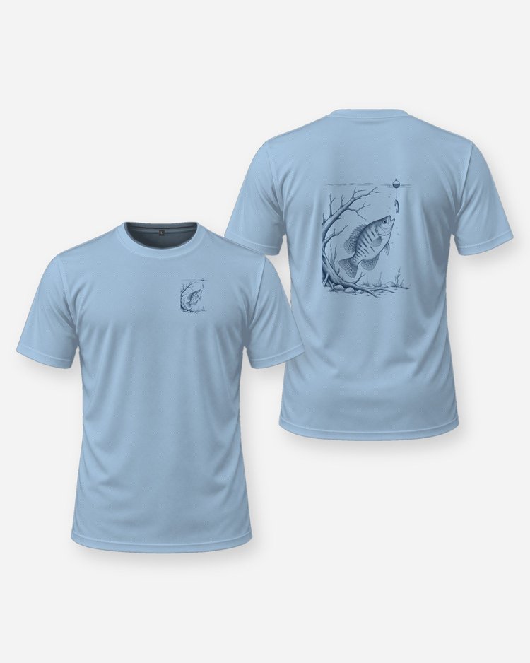 Crappie Under The Bobber Sunken Brush Line Art Fishing T-Shirt - front and back