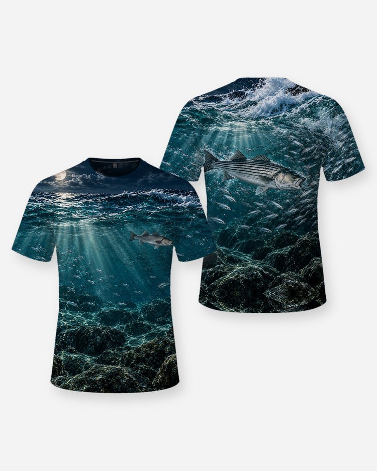 Striped Bass Night Surf Blitz Rocky Jetty Fishing Shirt - front and back
