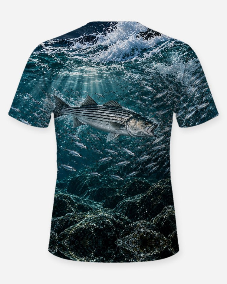 Striped Bass Night Surf Blitz Rocky Jetty Fishing Shirt - back