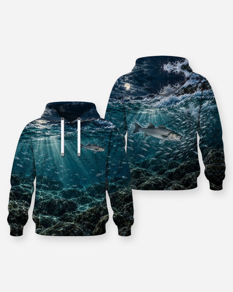 Striped Bass Night Surf Blitz Rocky Jetty Fishing Shirt - Hoodie