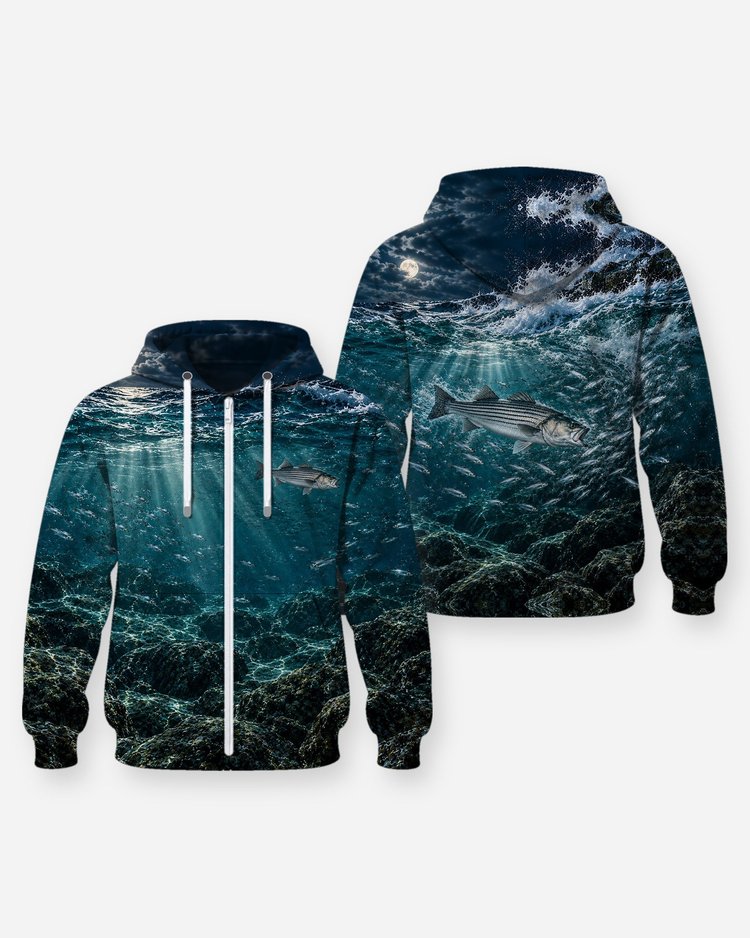Striped Bass Night Surf Blitz Rocky Jetty Fishing Shirt - Zip Hoodie