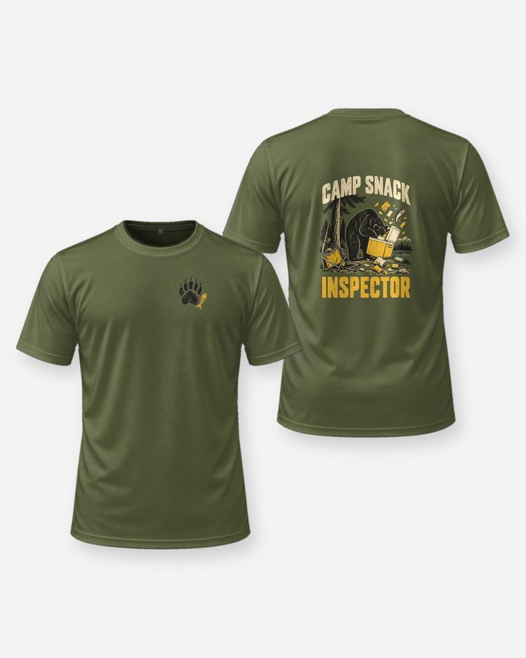 Camp Snack Inspector Funny Black Bear Camping T-Shirt - front and back