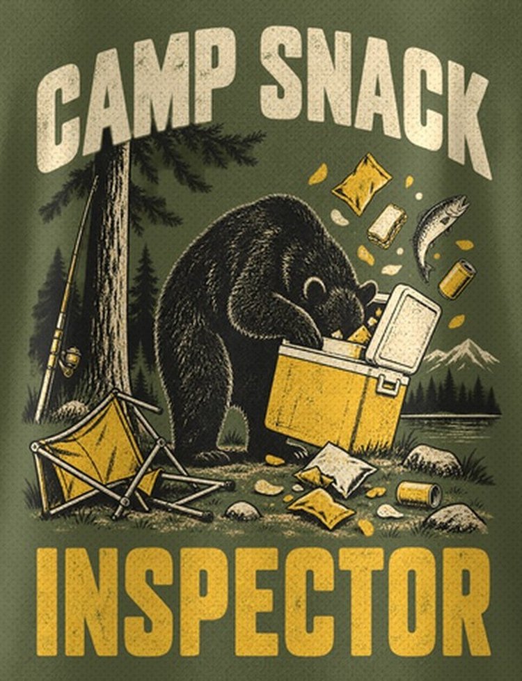 Camp Snack Inspector Funny Black Bear Camping T-Shirt - print close-up