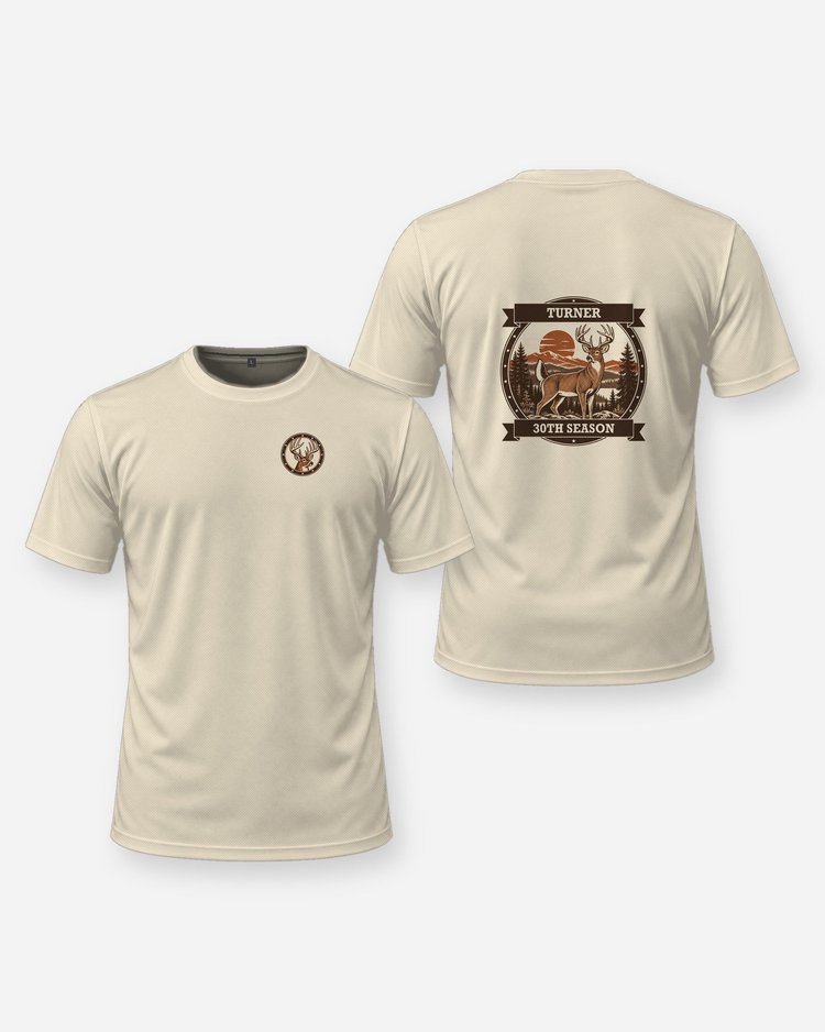 Custom Name Hunting Season Count Whitetail Badge T-Shirt - front and back