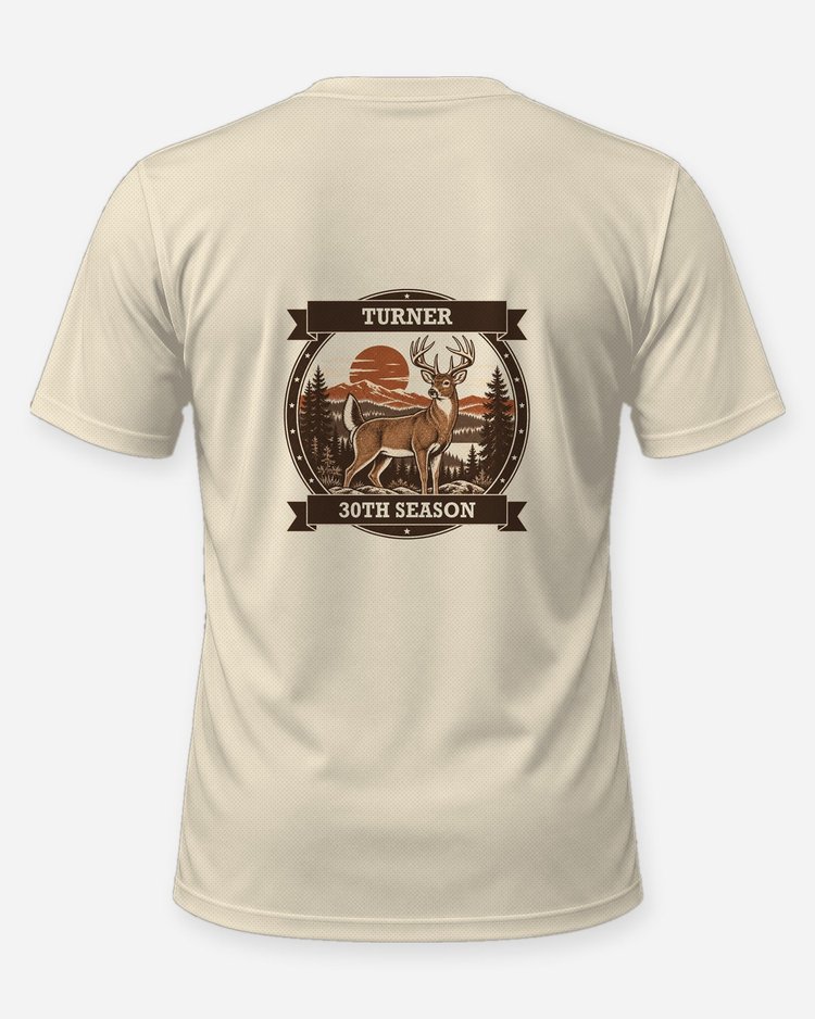 Custom Name Hunting Season Count Whitetail Badge T-Shirt - back