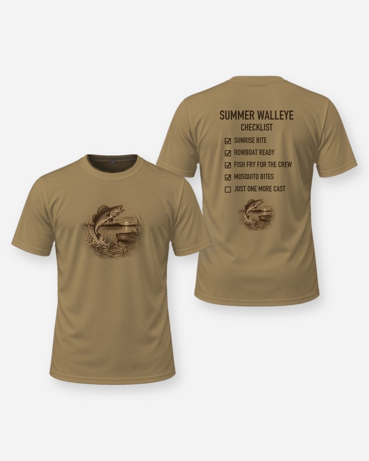 Summer Walleye Checklist Woodcut Fishing Shirt - front and back