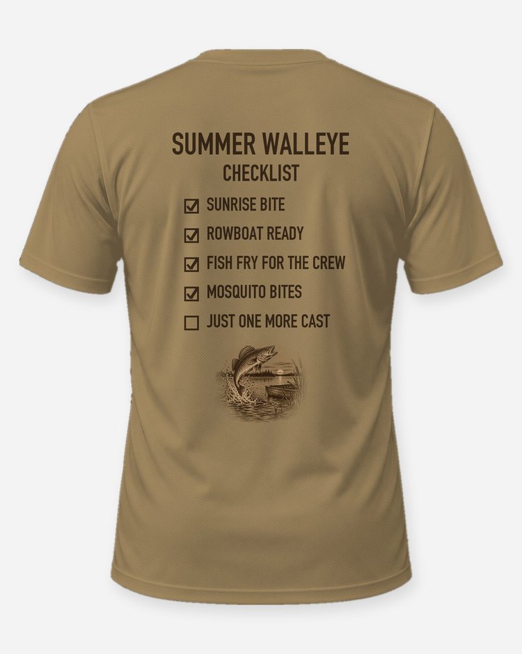 Summer Walleye Checklist Woodcut Fishing Shirt - back