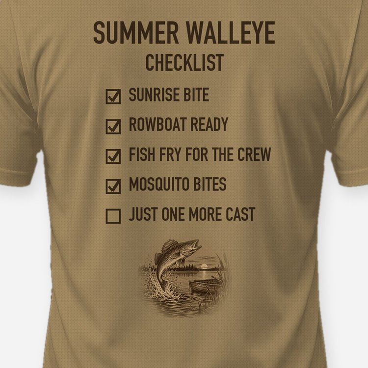 Summer Walleye Checklist Woodcut Fishing Shirt - print close-up