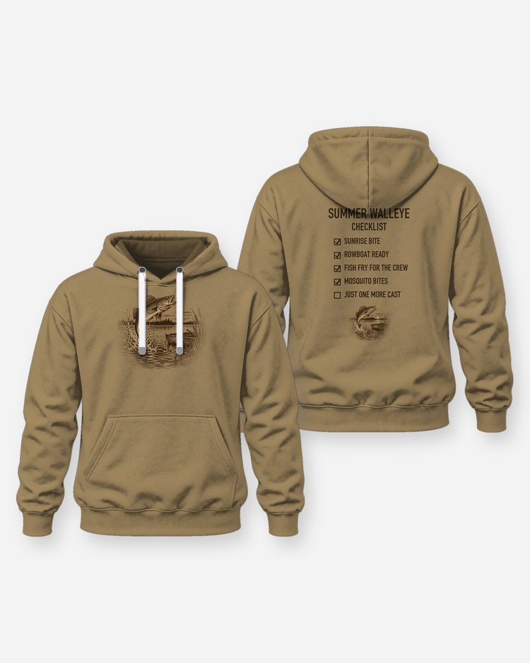 Summer Walleye Checklist Woodcut Fishing Shirt - Hoodie