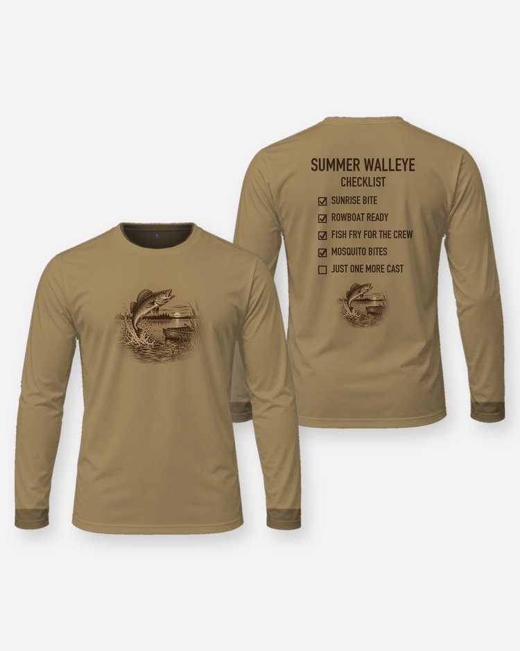 Summer Walleye Checklist Woodcut Fishing Shirt - Long Sleeve