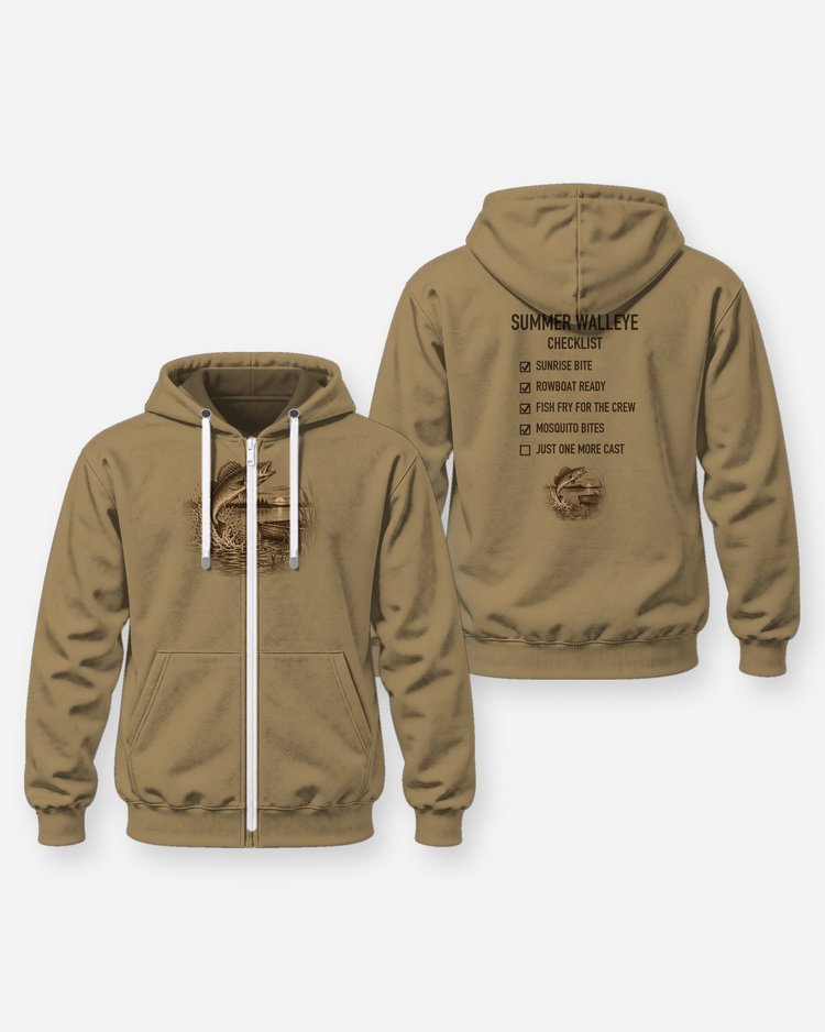 Summer Walleye Checklist Woodcut Fishing Shirt - Zip Hoodie
