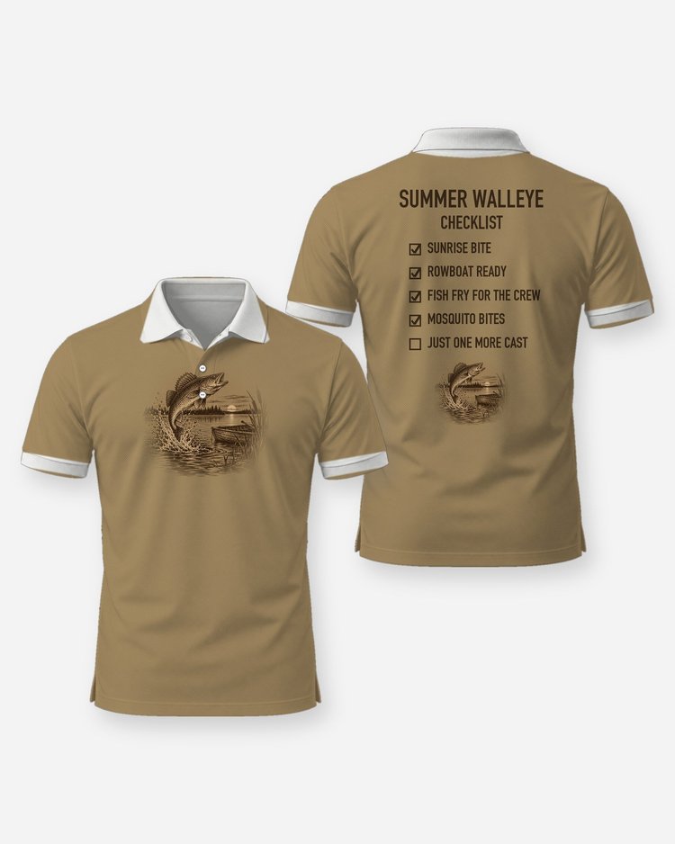 Summer Walleye Checklist Woodcut Fishing Shirt - Polo
