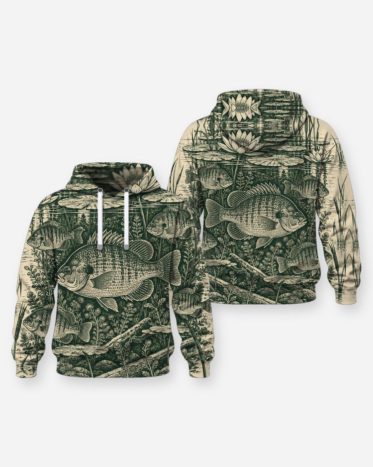 Bluegill and Lily Pads Woodcut All Over Print Fishing Shirt - Hoodie