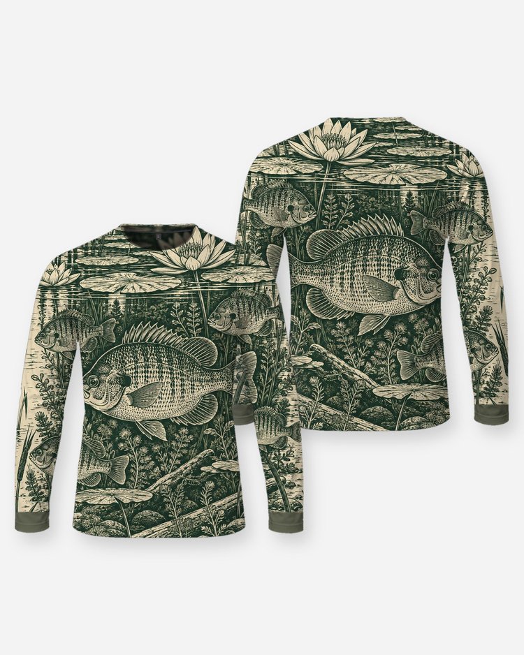 Bluegill and Lily Pads Woodcut All Over Print Fishing Shirt - Long Sleeve