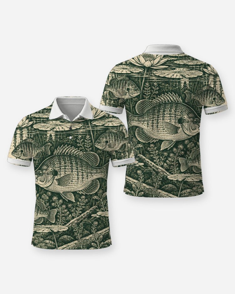 Bluegill and Lily Pads Woodcut All Over Print Fishing Shirt - Polo