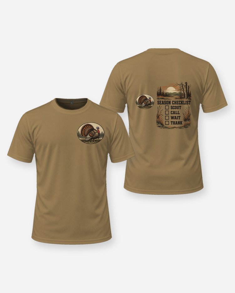 Turkey Season Checklist Scout Call Wait Thank Hunting Shirt - front and back