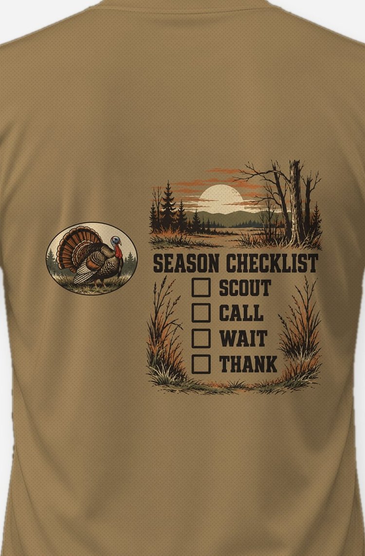 Turkey Season Checklist Scout Call Wait Thank Hunting Shirt - print close-up