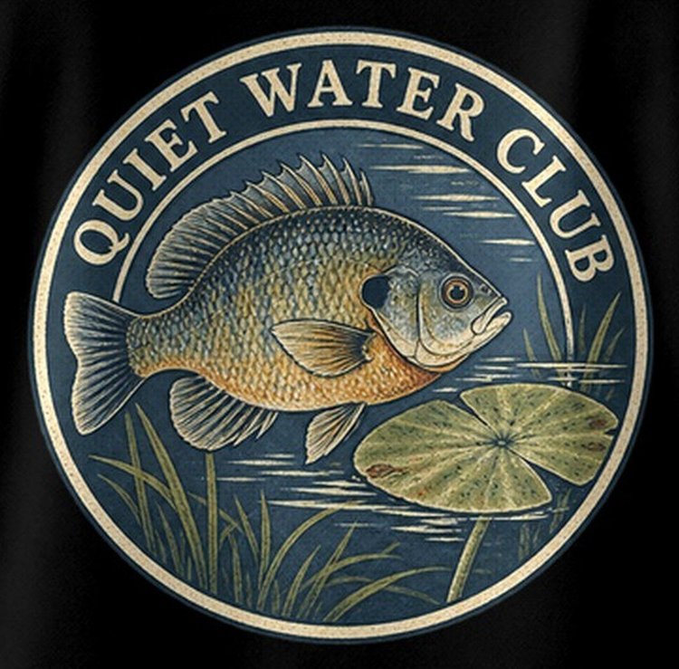 Bluegill Quiet Water Club Pocket Seal Fishing T-Shirt - print close-up