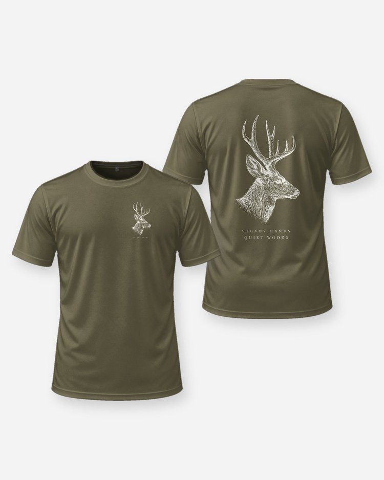 Mule Deer Steady Hands Quiet Woods Tonal Hunting T-Shirt - front and back