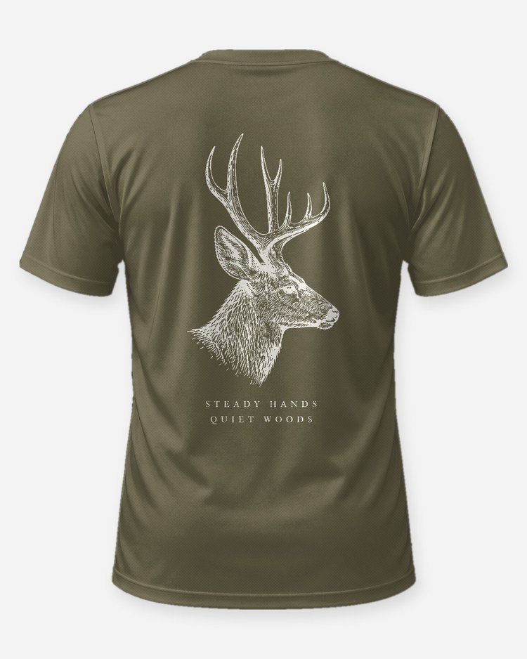 Mule Deer Steady Hands Quiet Woods Tonal Hunting T-Shirt - back