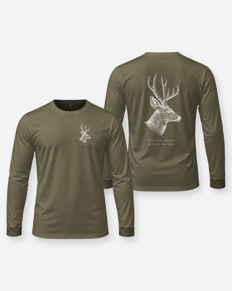 Mule Deer Steady Hands Quiet Woods Tonal Hunting T-Shirt - Long Sleeve