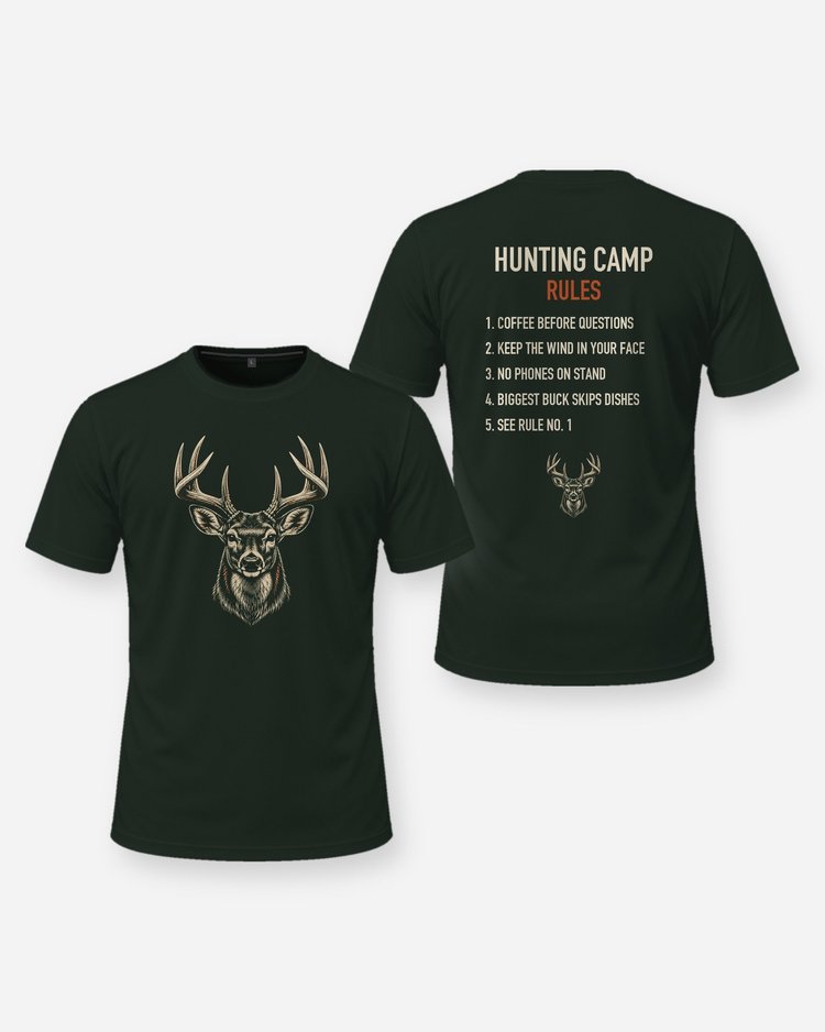Hunting Camp Rules Whitetail Woodcut Deer Hunting Shirt - front and back