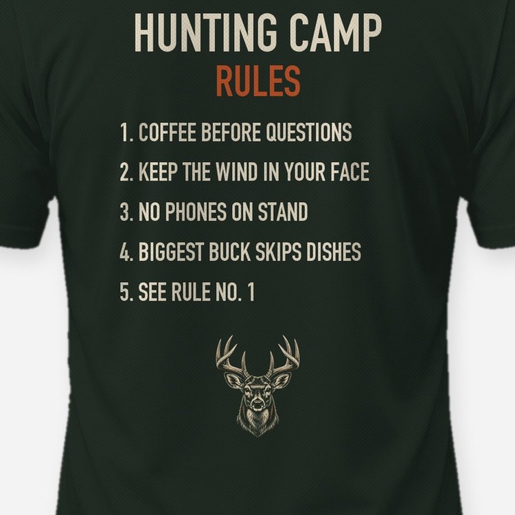 Hunting Camp Rules Whitetail Woodcut Deer Hunting Shirt - print close-up